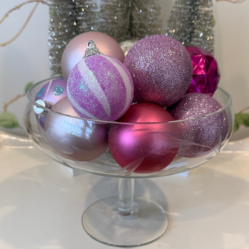 Pink & Purple Matte Glitter Christmas Ornaments of 12 in Vintage Franke Box